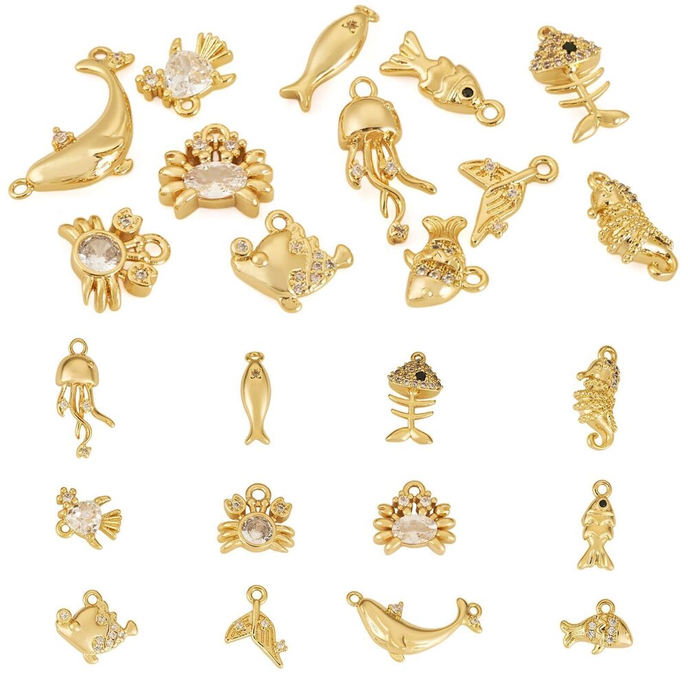 4766 12Pcs Mixed Shapes 18K Gold Plated Fish Charms Brass Cubic Zirconia